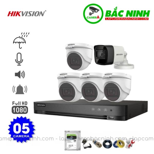 Các bộ phận của bộ 5 Camera Hikvision 2MP có mic thu âm